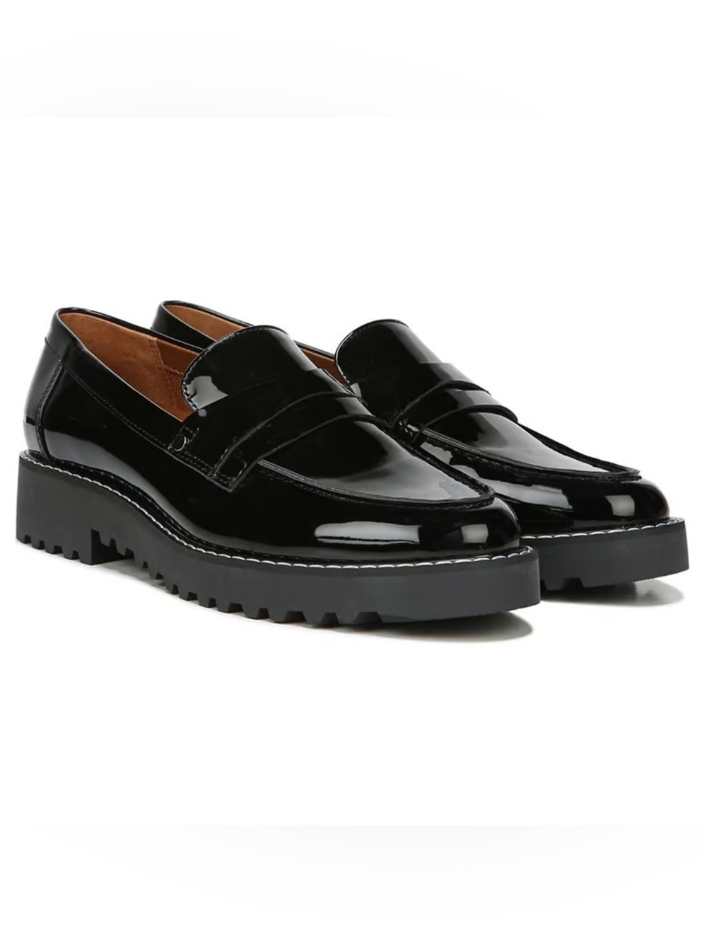 Franco Sarto Black Patent Penny Loafers with Lug Sole